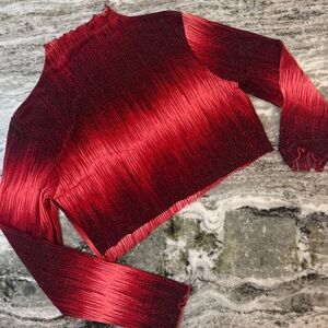 Elegant Sparkly Red Women's Mock Neck Long Sleeve Crop Top